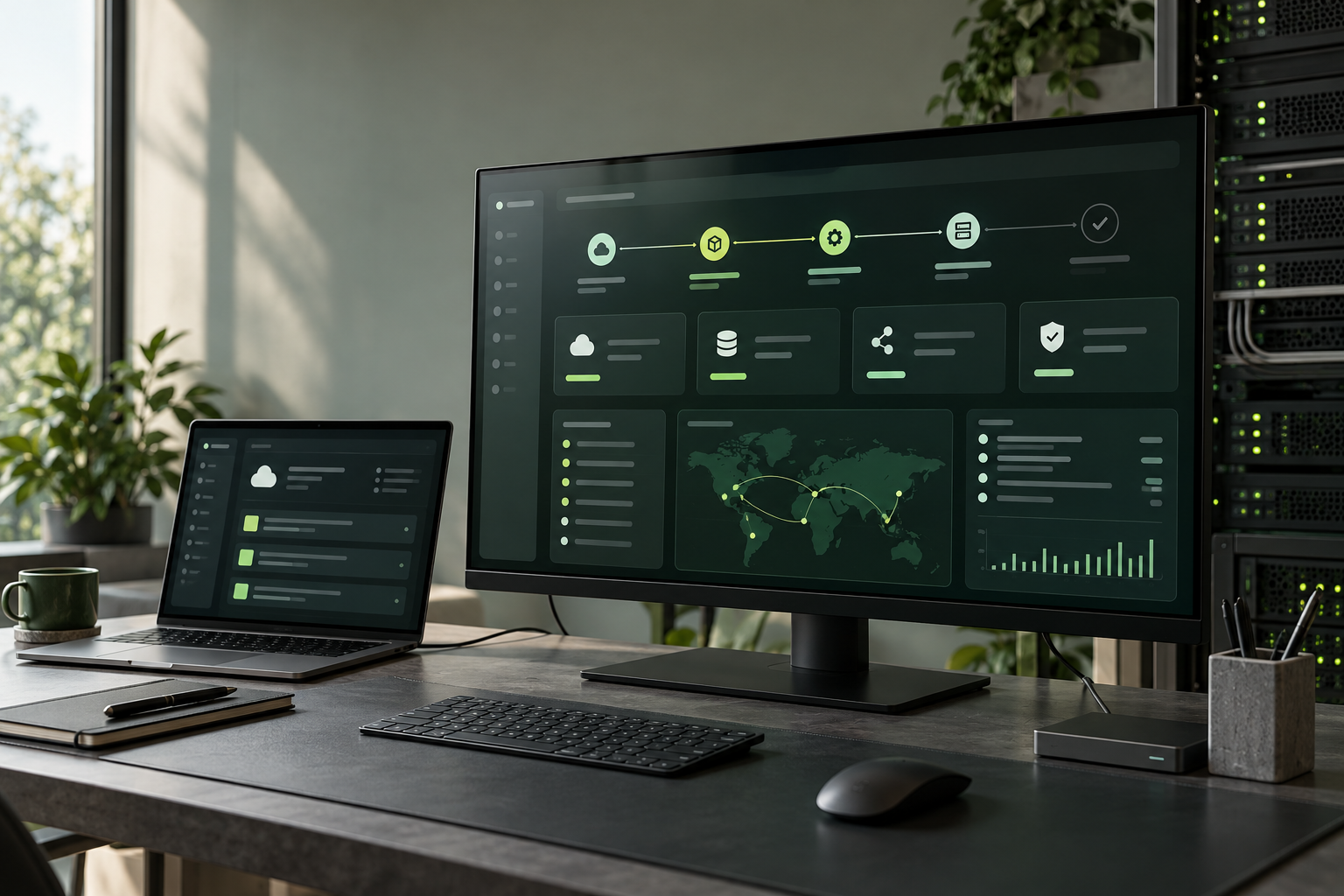 Realistic cloud operations workspace mockup